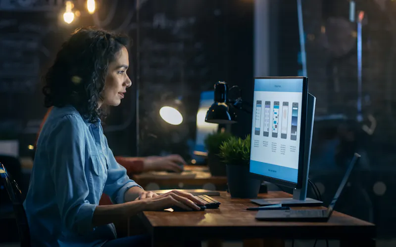 A woman working at a computer in an office, using software to improve productivity and teamwork. A woman working at a computer in an office, using software to improve productivity and teamwork.