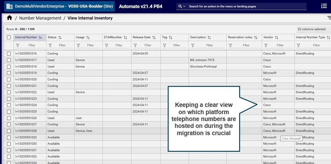 VOSS tracks telephony number inventory, what’s available and what’s used, who telephone numbers are allocated to, and what vendor system they reside on. 
