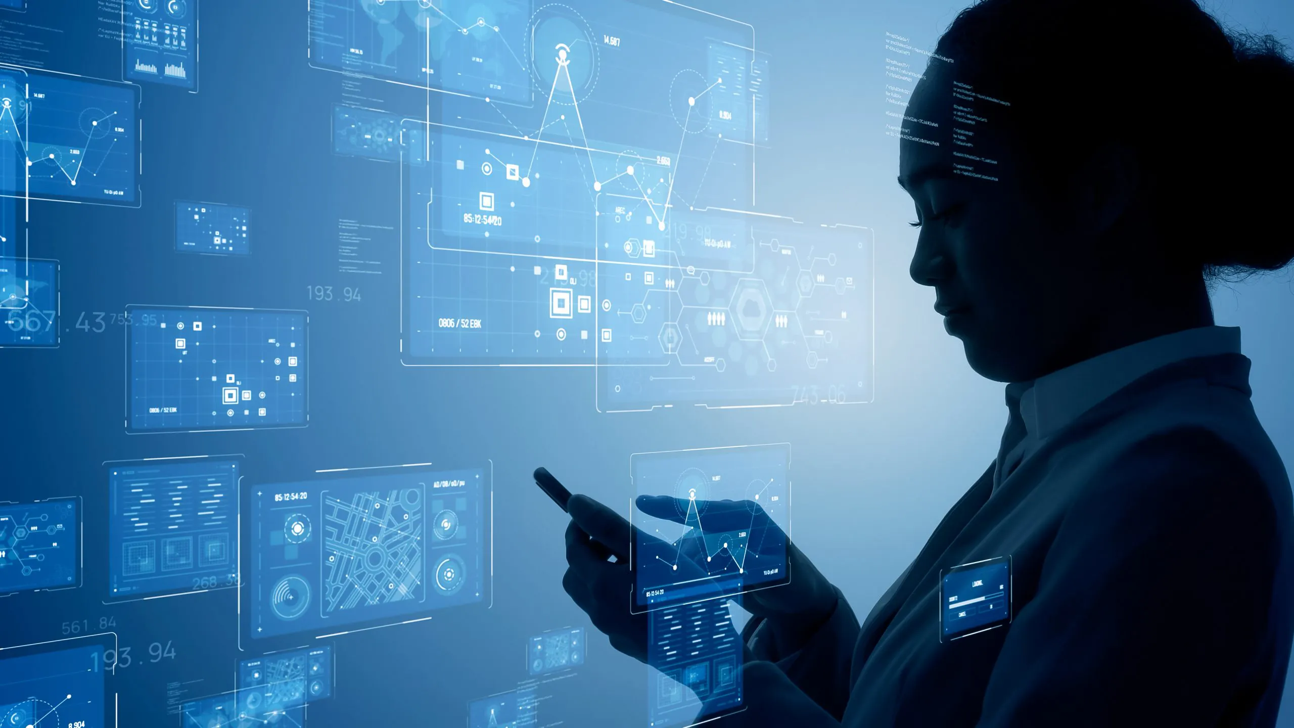Business,And,Technology,Concept.,Smart,Office.,Gui,(graphical,User,Interface). Business woman using mobile phone and all the apps showing virtually