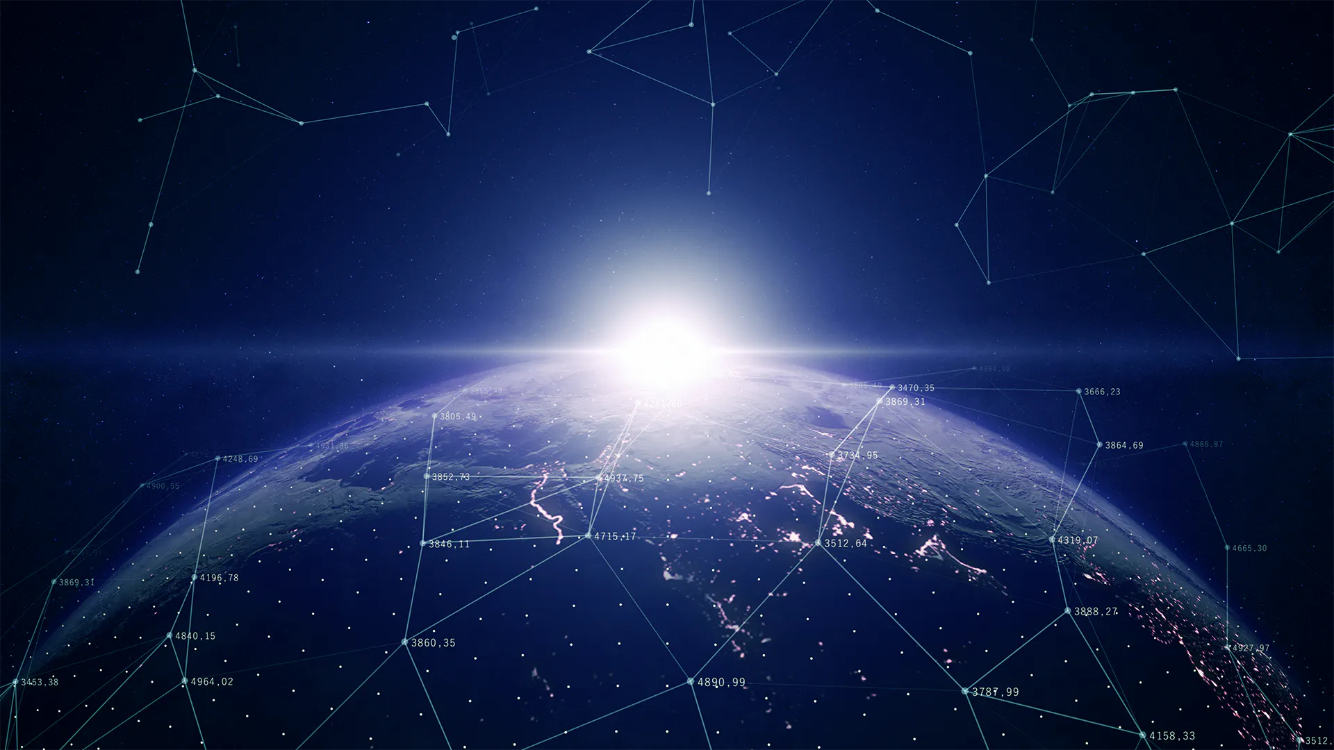 Image of top of Earth in space with bright light representing global network infrastructure
