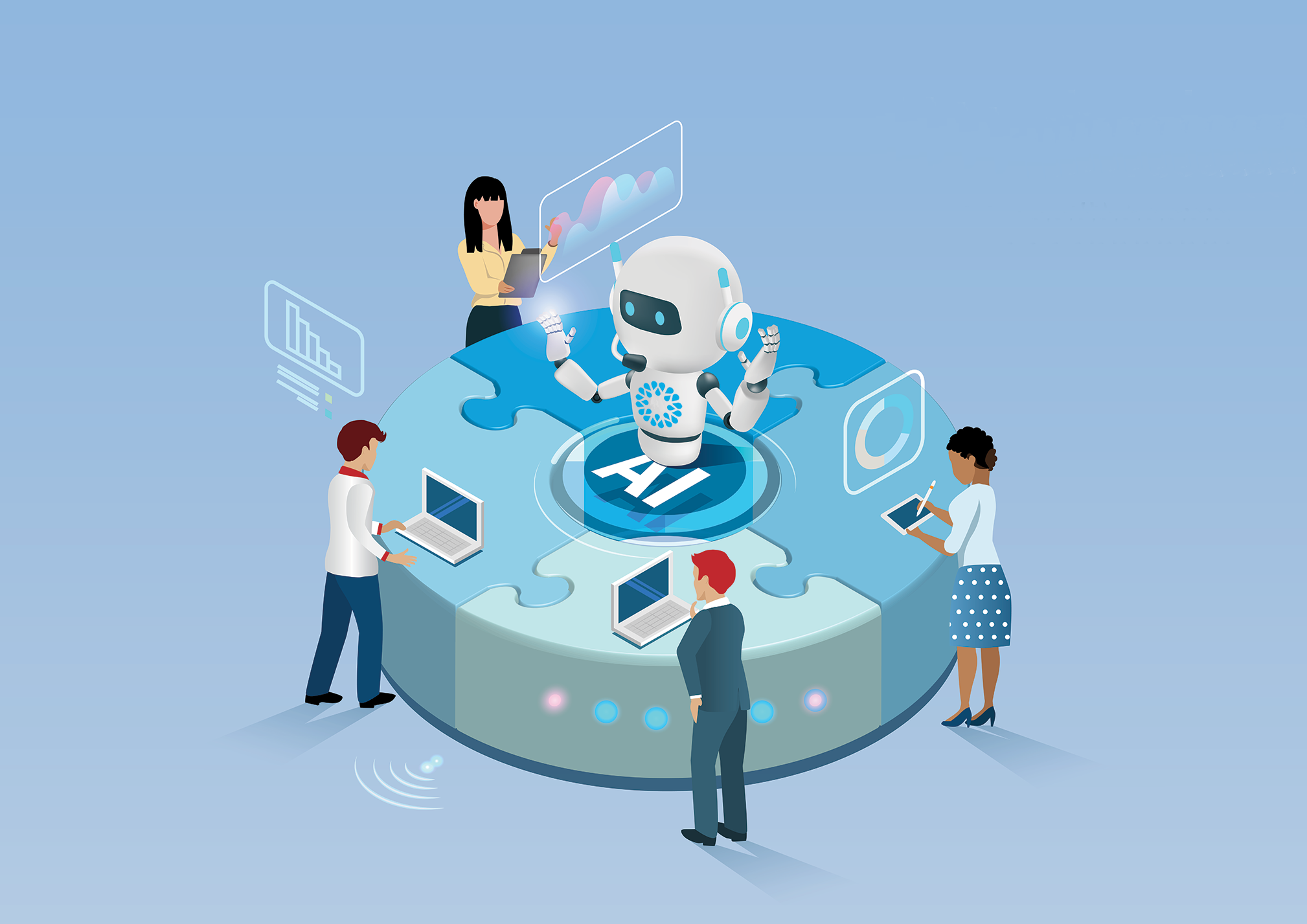 VOSS AI robot in center with office workers and apps surrounding it - displayed for Redefining Collaboration Spaces with AI-Powered blog Innovation blog