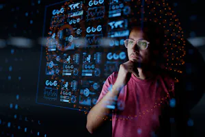 Man,Look,At,The,Dashboard,With,Graphs,And,Charts.,Concept Dark background of Analyst looking at graphical data - used in VOSS blog for Maximizing Business Value with AI in UC: Cost Efficiency and New Opportunities