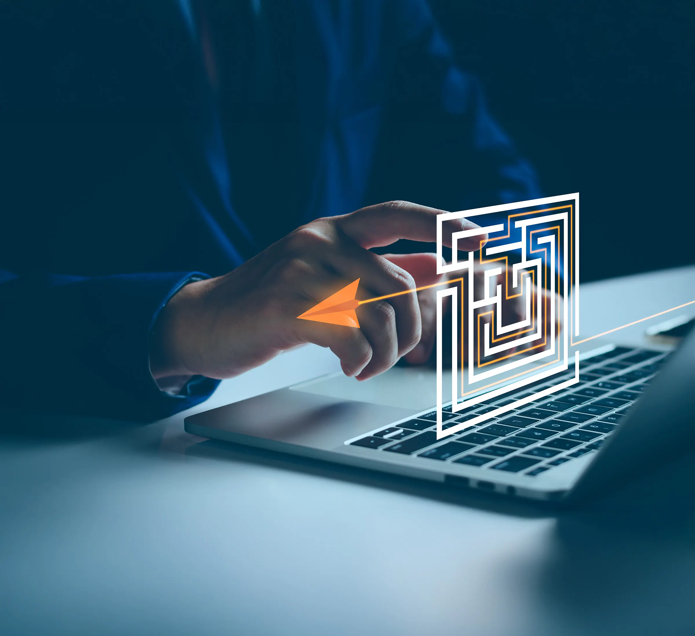 Image showing a person on laptop with a virtual maze and arrow showing exit