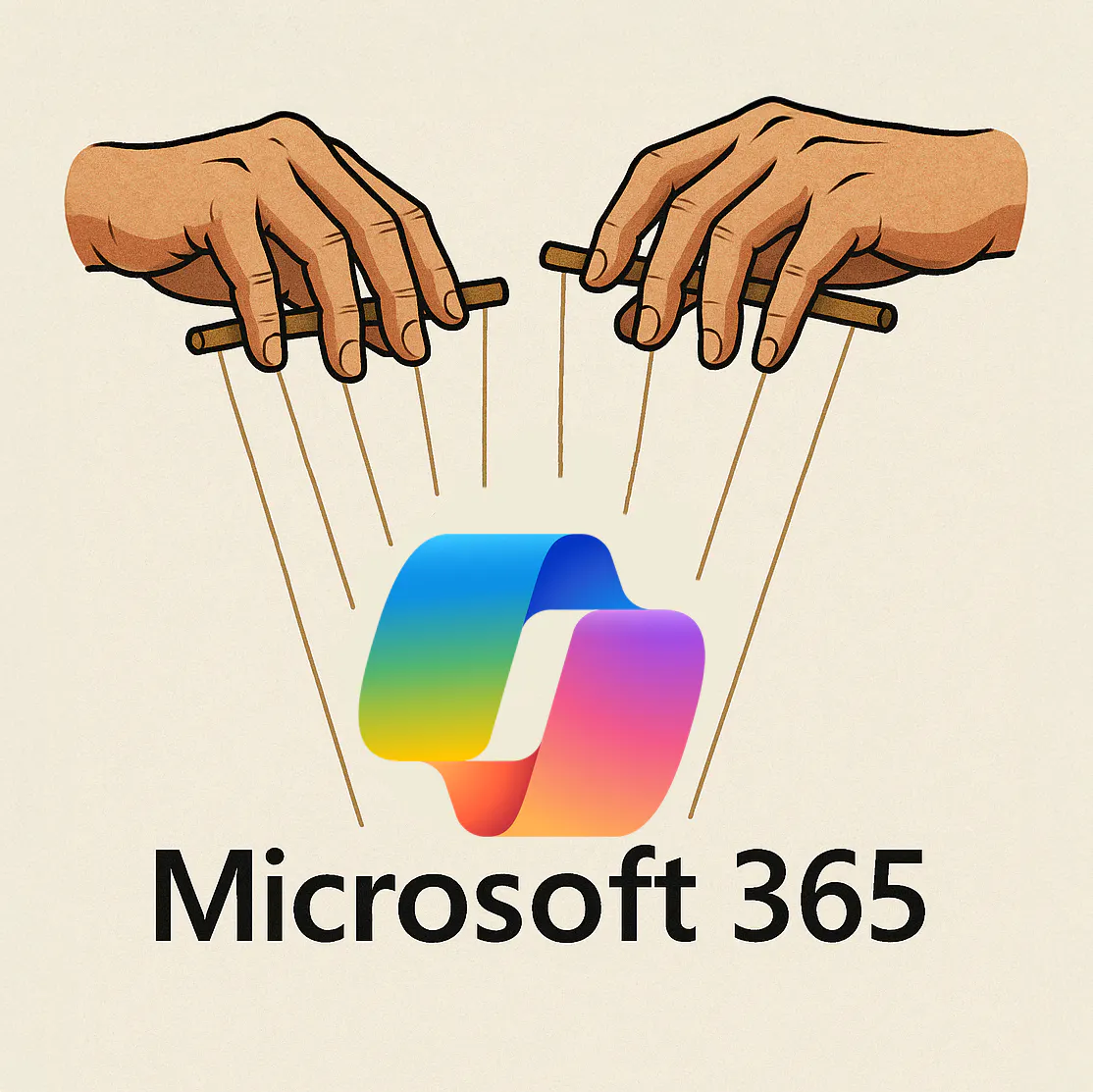 Mastering Microsoft 365 with VOSS - hands pulling puppet strings attached to Microsoft 365