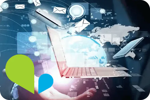 VOSS Migrate provides insights and strategies to improve your UC stack - image shows laptop with communication apps floating around