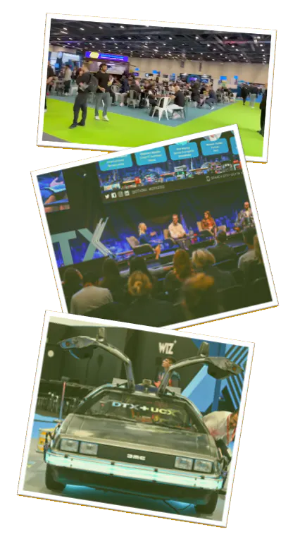 Images from UCX 2025 at ExCel - showing conference and sessions and a DeLorean with doors open