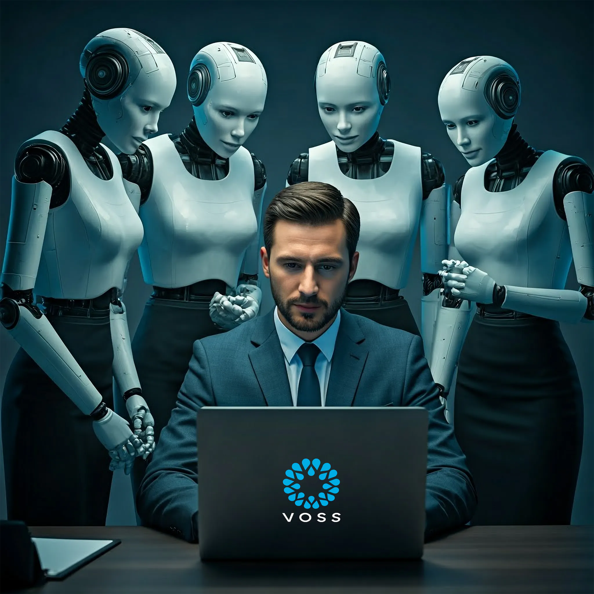 AI robots surrounding a VOSS user on a laptop and learning from him.