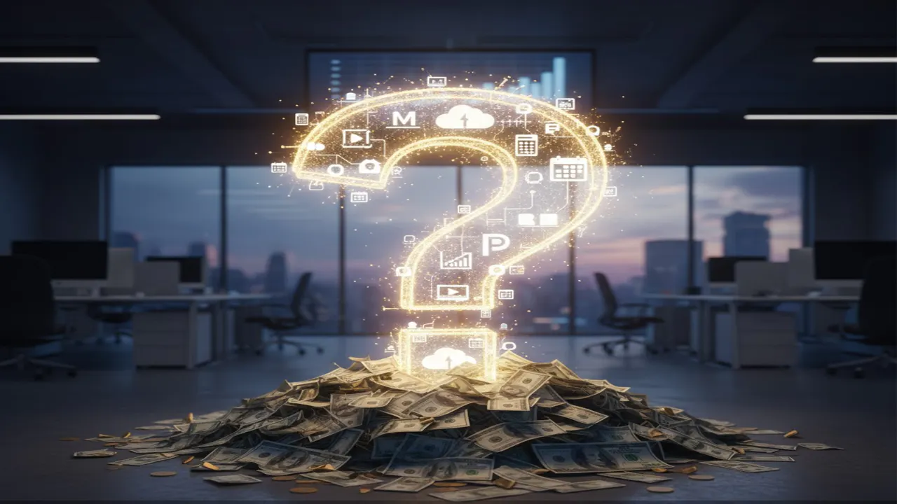 Question mark over a pile of cash - used in the LinkedIn Live article by Kevin Kieller: The $100 Billion Blind Spot: Why Most Organizations Waste Money on Microsoft Licenses