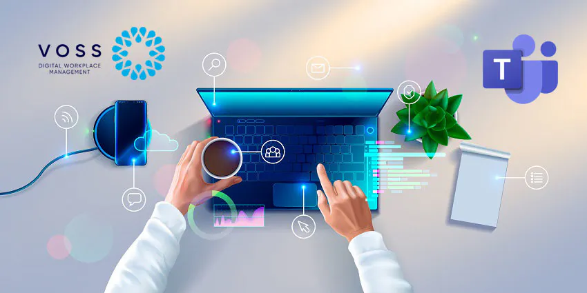 Hands of developer working on keyboard of laptop on white desk. top view. Workplace of programmer with notebook, table plant, smartphone, icons and interface elements. Image of businessman's arms on laptop with wireless charging of phone forUC Today article: Digital Workplace Management: Delivering Top Notch Performance on Microsoft Teams