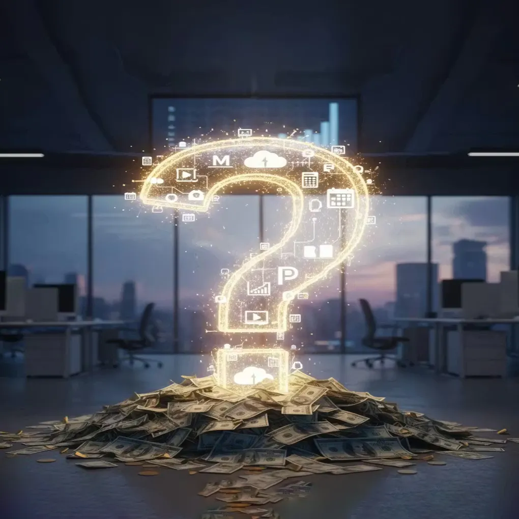 100-billion-blind-spot Question mark over a pile of cash - used in the LinkedIn Live article by Kevin Kieller: The $100 Billion Blind Spot: Why Most Organizations Waste Money on Microsoft Licenses
