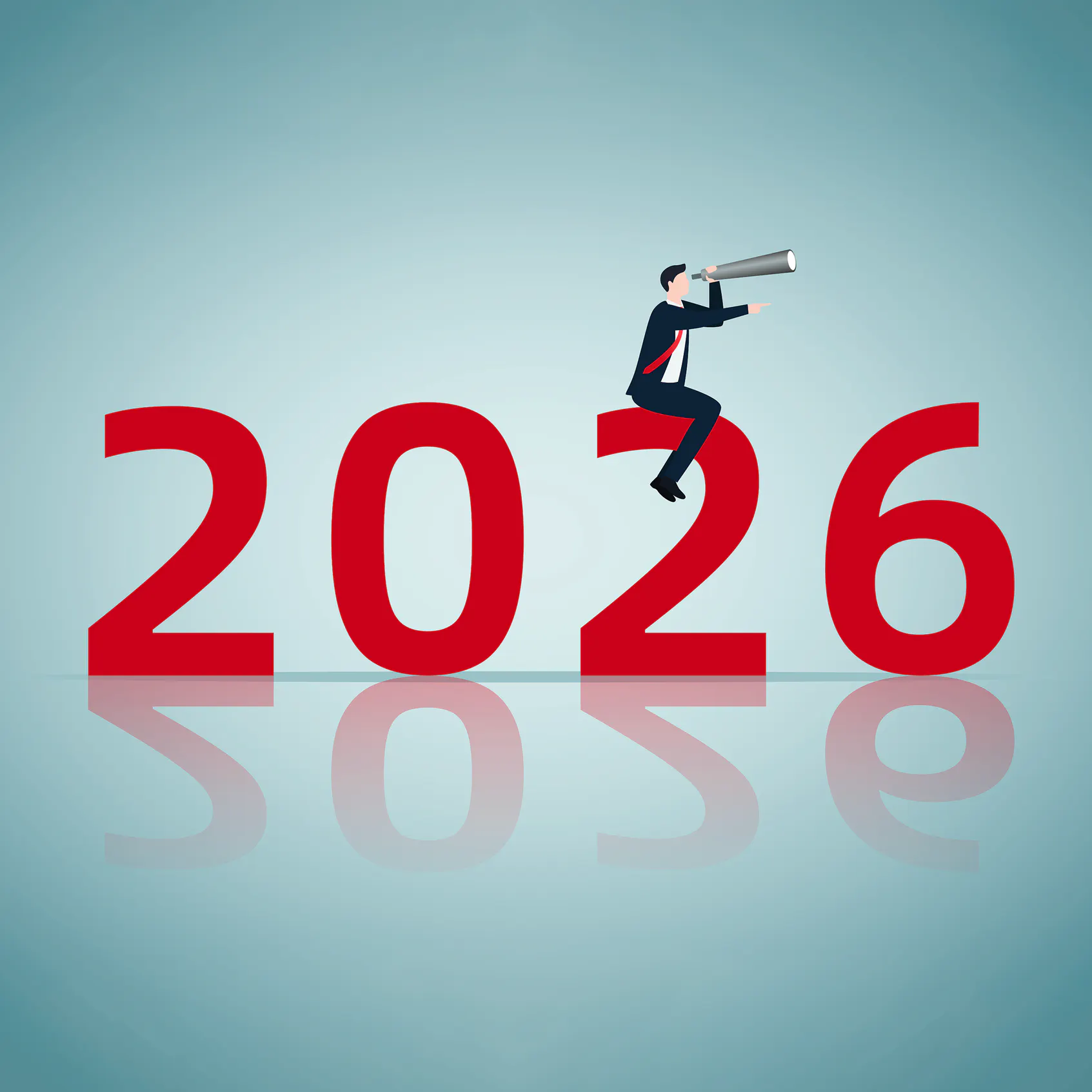What digital workplace leaders must prepare for in 2026 - VOSS blog. Illustration of business man with telescope sitting on 2026.