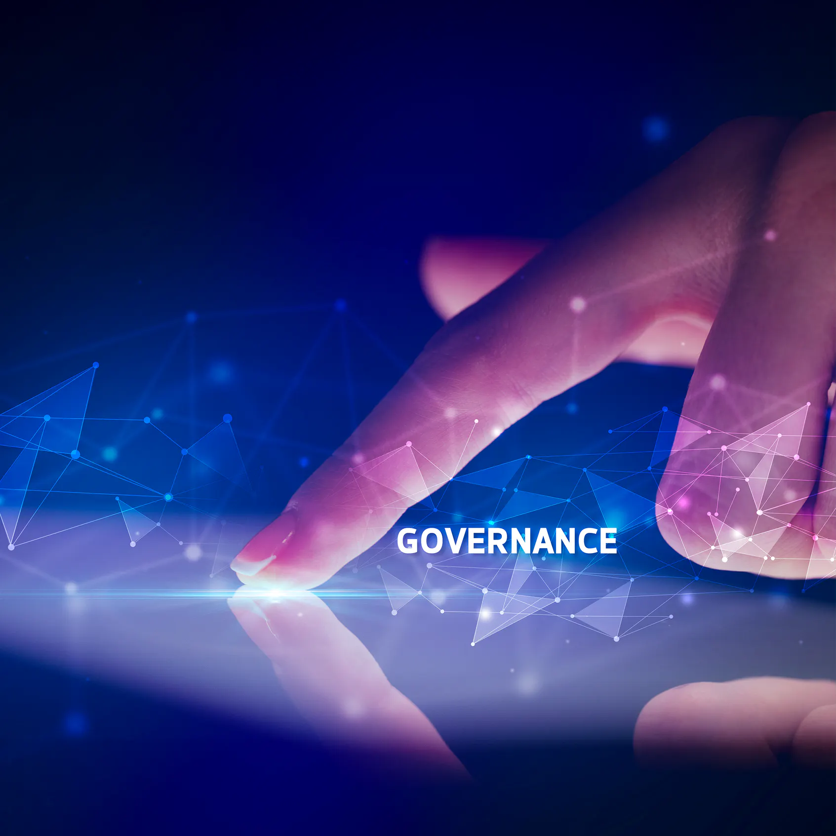 From monitoring to mastery: Why governance is the missing link in digital workplace management - Hand pointing at digital network with the words Governance highlighted