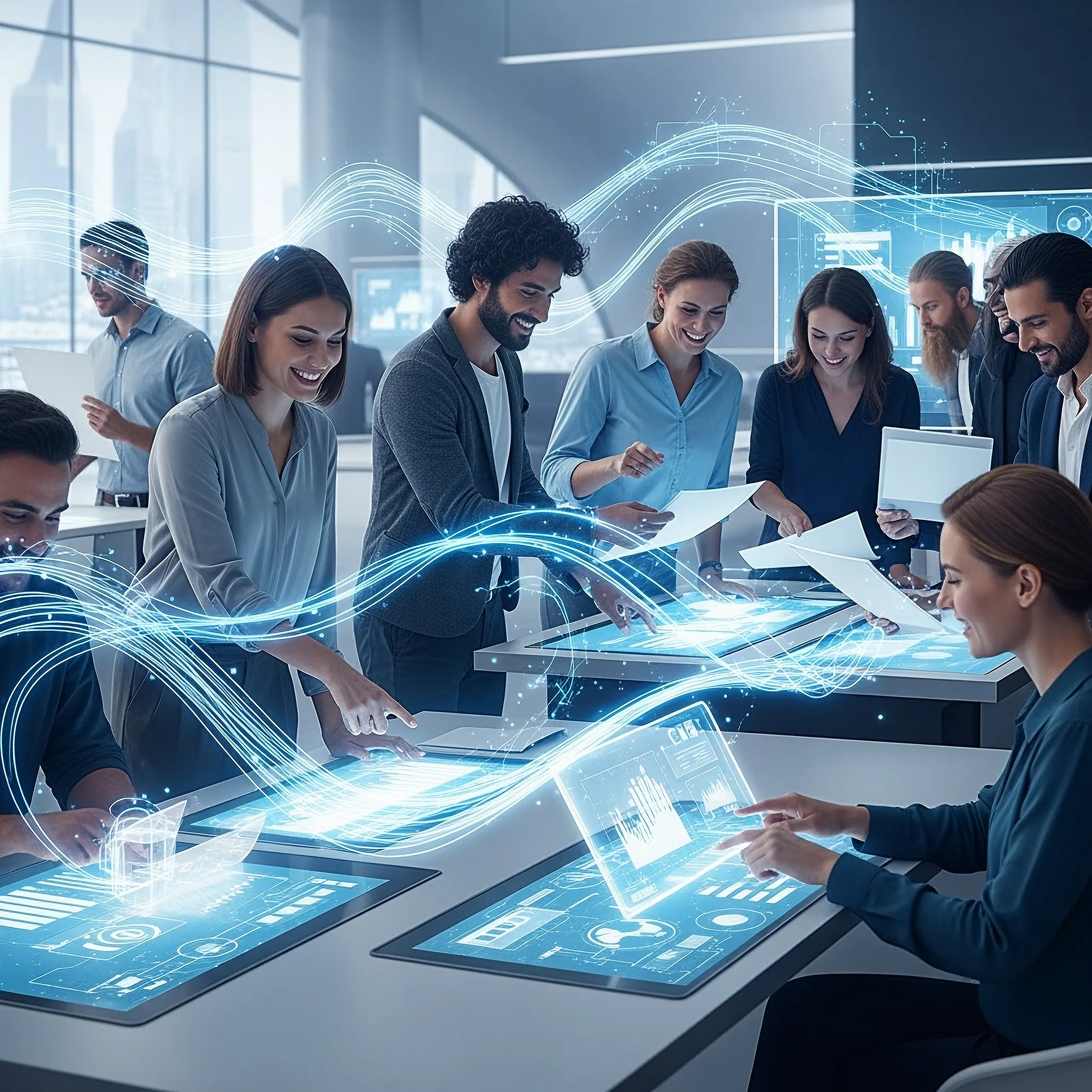 AI data becomes a commodity blog - image of office workers and the invisible data stream that flows between them.