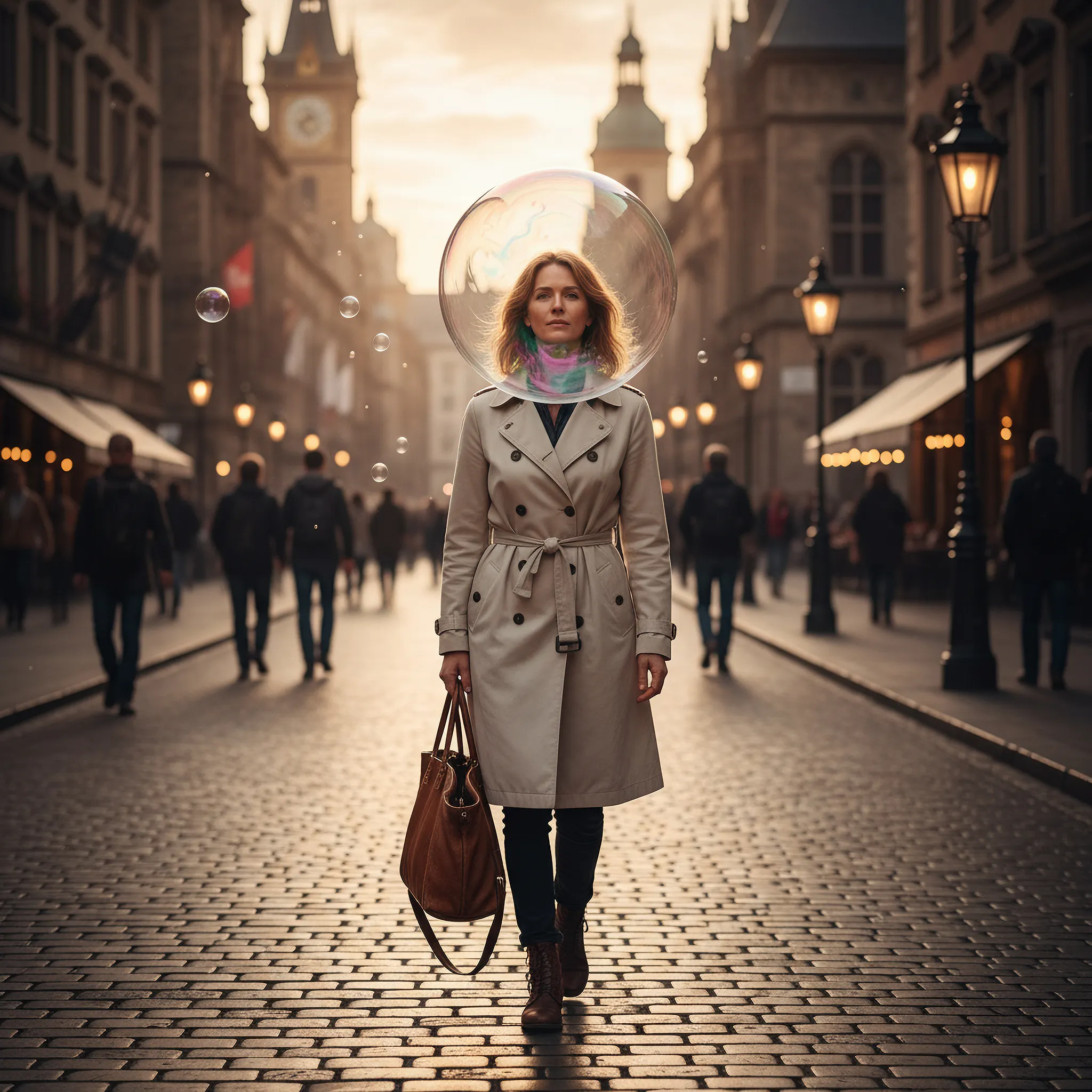 A Caucasian woman about 40 years old walks through the streets of a big European city illuminated by the light of a late afternoon. A soap bubble encompasses his head.