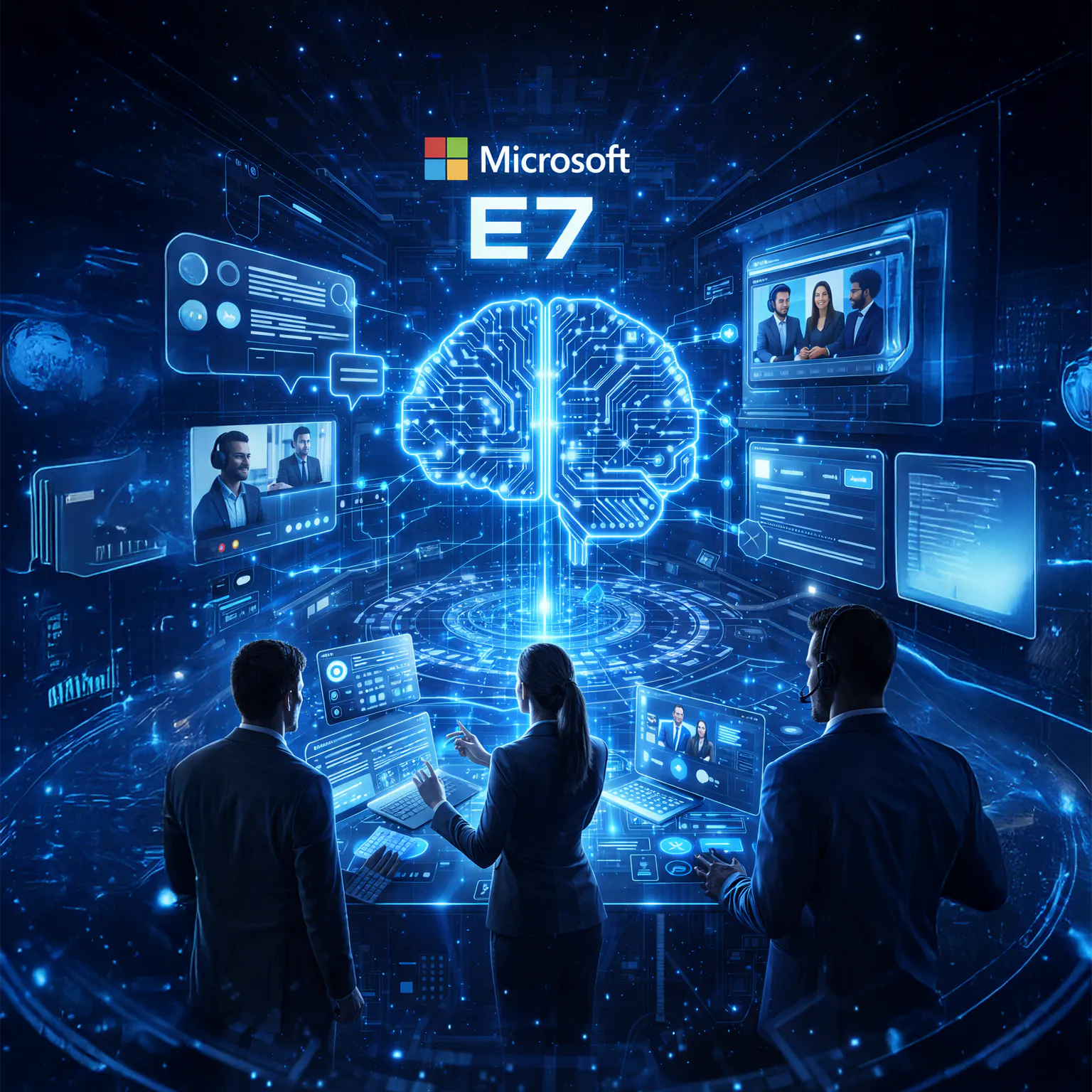 Microsoft E7: AI-powered productivity meets smarter licensing blog image- image of business people in space in a meeting