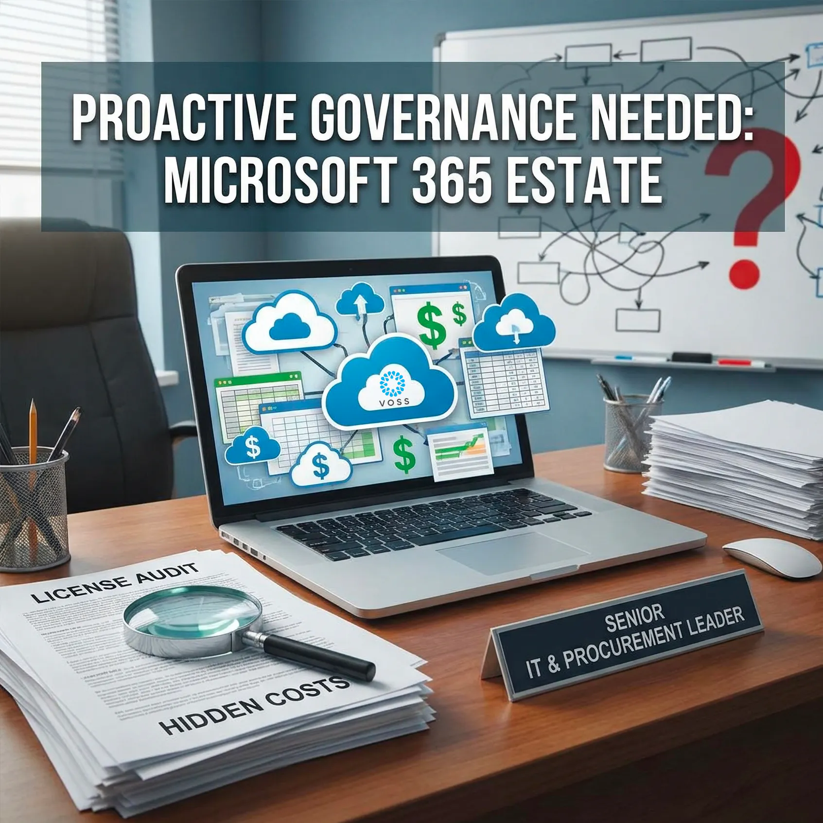 Proactive Microsoft license management: From visibility to control blog image - laptop on desk with VOSS apps controlling and monitoring Microsoft 365 and proactive governance needed as title