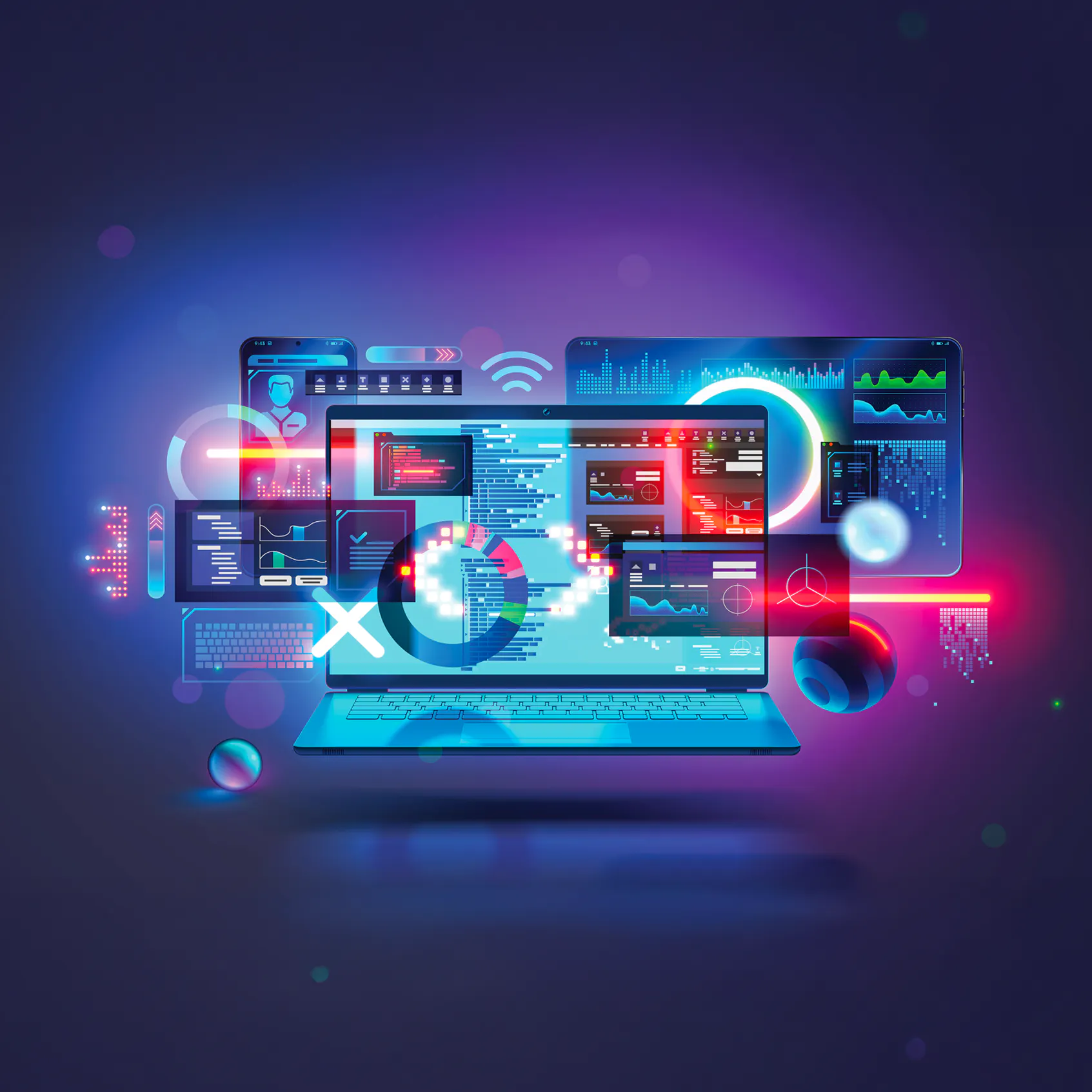 Why UC analytics is becoming critical for managing multi-vendor performance in APAC blog - image shows multiple software apps layered across devices