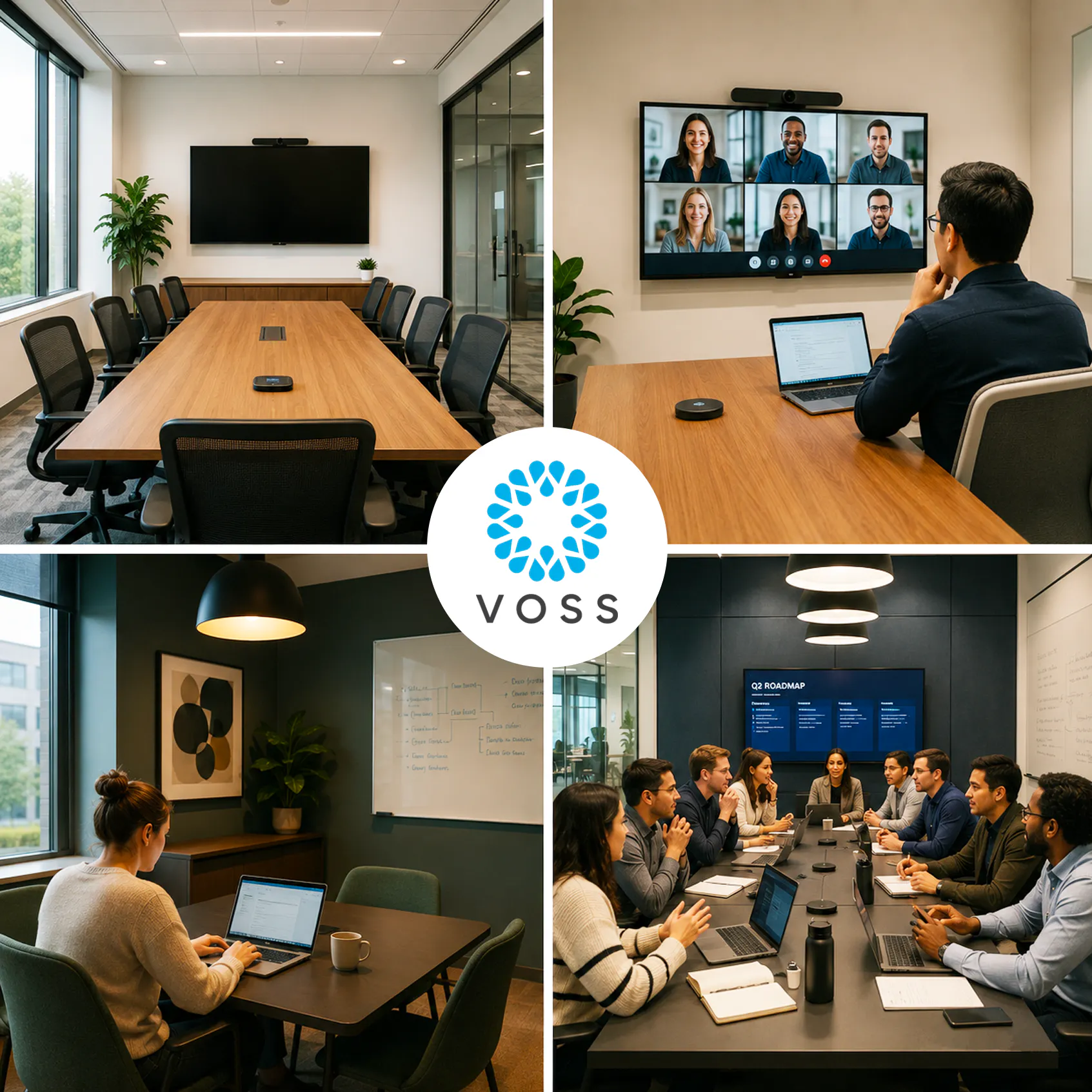 VOSS meeting Room Management - image of 4 meeting rooms in various states of use