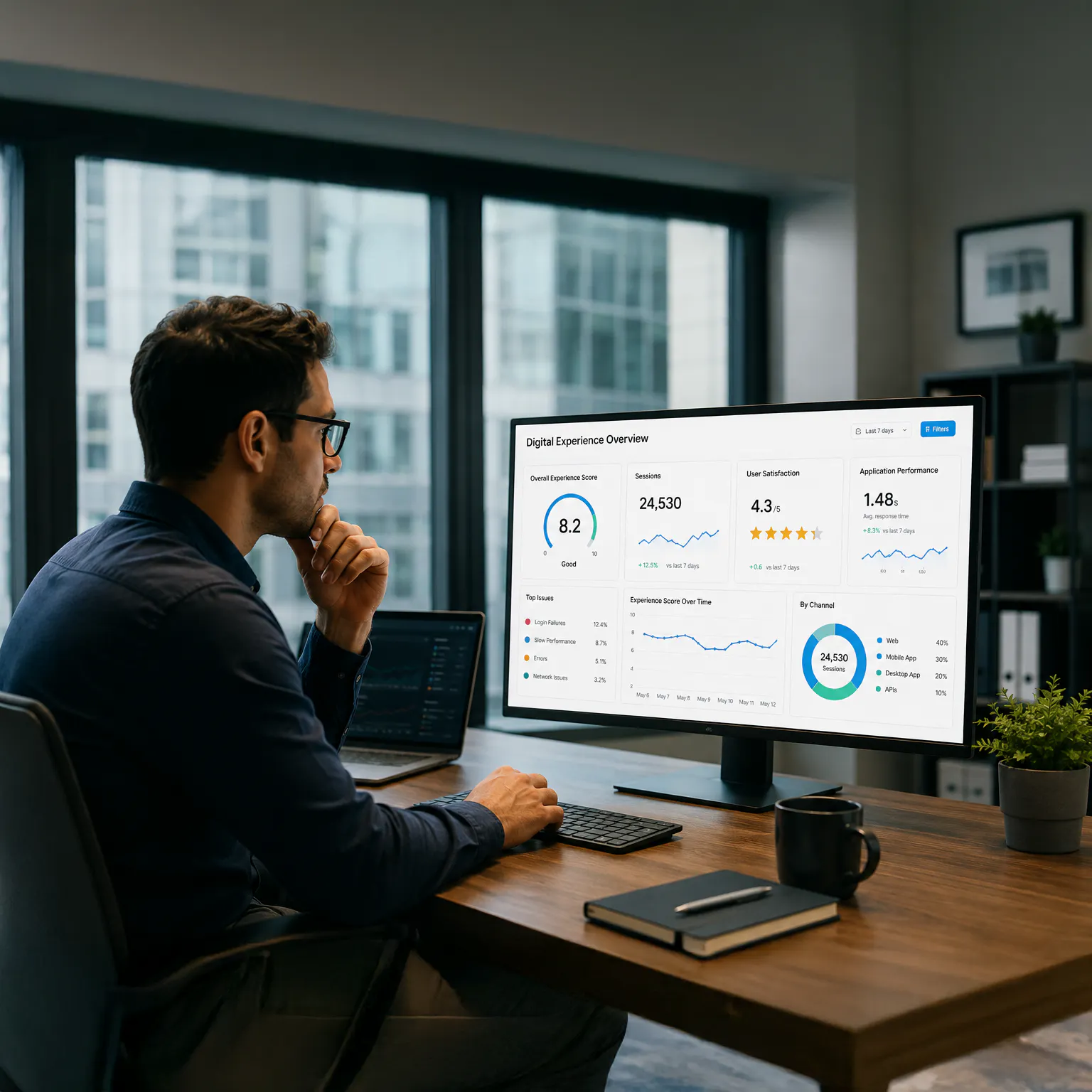 Digital Experience Monitoring (DEM) belongs inside your UC management stack - image of businessman analysing digital experience data at his desktop