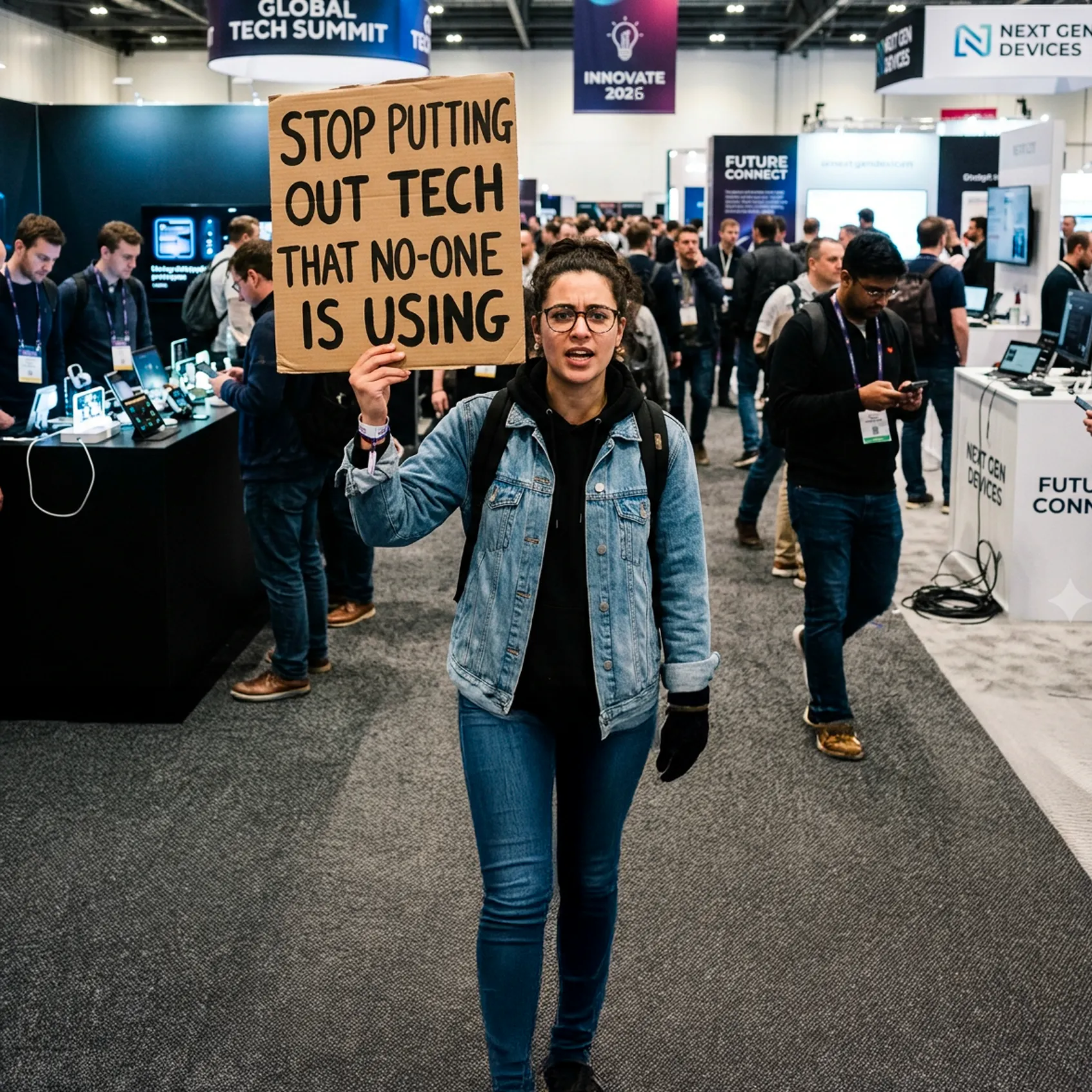 End-user protesting at a event about companies that out out technology that no-one is using.