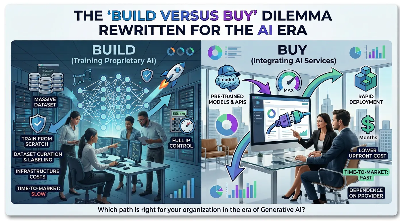 Build-versus-buy-for-AI-era-landscape-format Build versus buy dilemma rewritten for the AI era - showing both scenarios and pros and cons