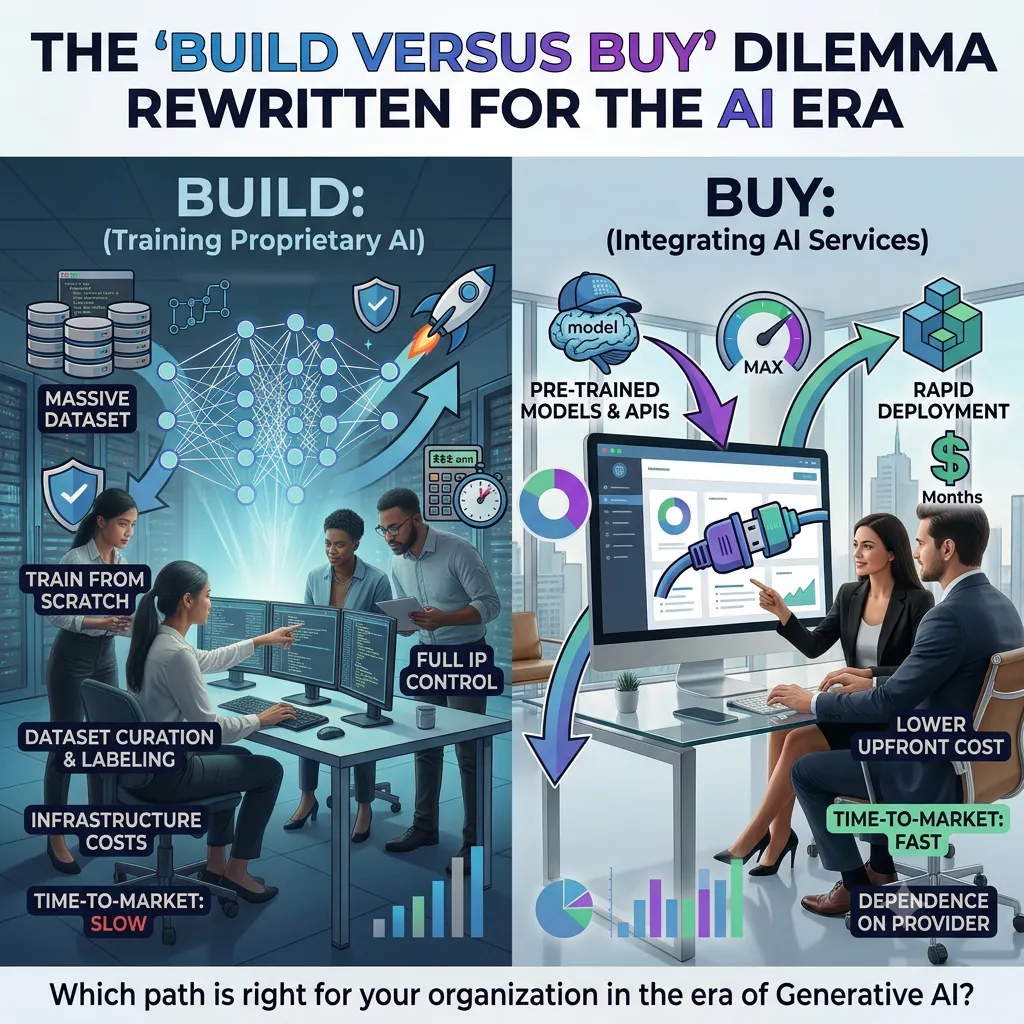 Build versus buy for ai era – square format Build versus buy dilemma rewritten for the AI era - showing both scenarios and pros and cons