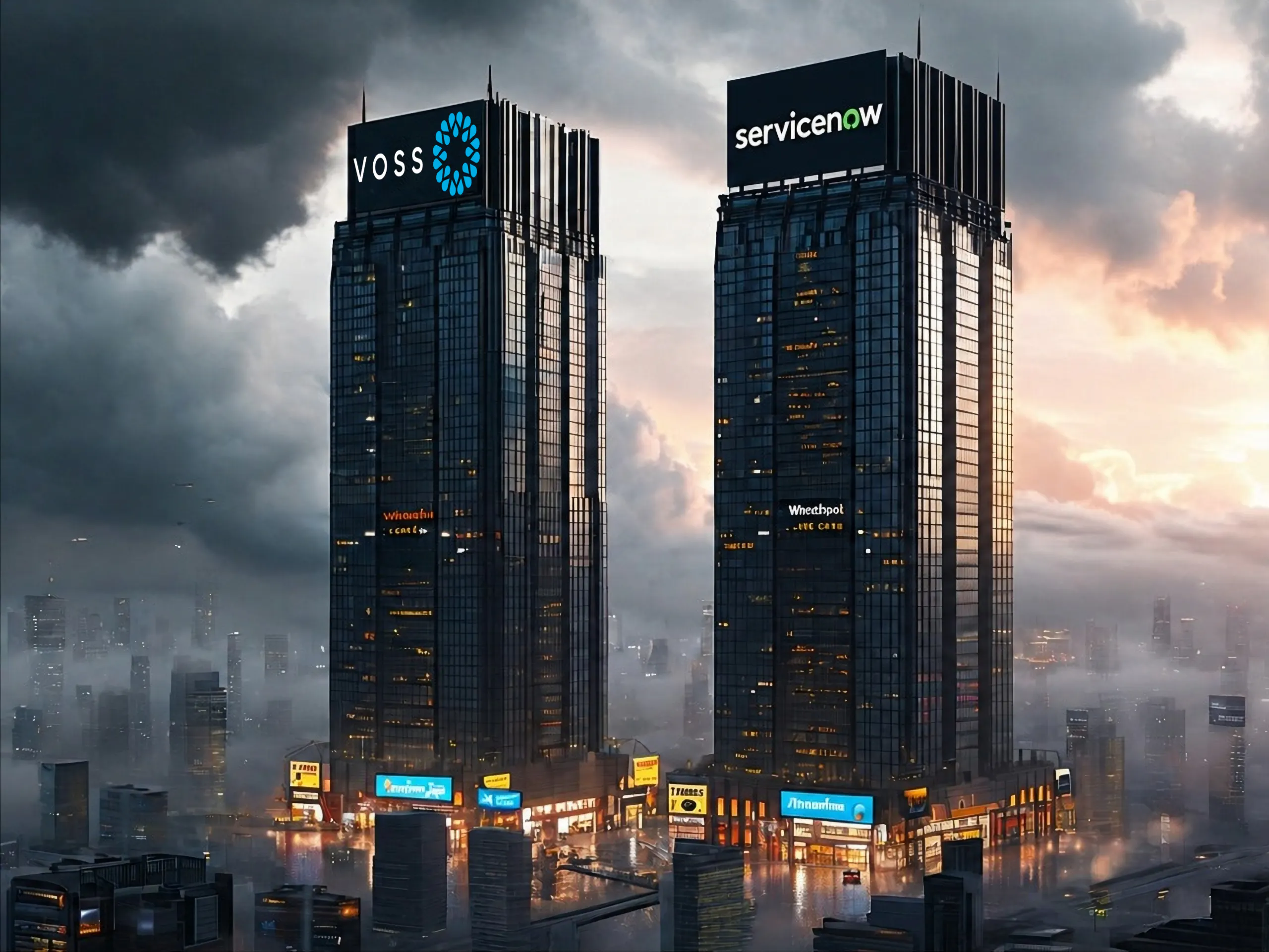 VOSS-ServiceNow-connecting-fabric-rectangle Connecting the fabric: How APAC organisations are wiring VOSS into ServiceNow - image shows two large office towers next to each other (VOSS and ServiceNow)with a cloudy background