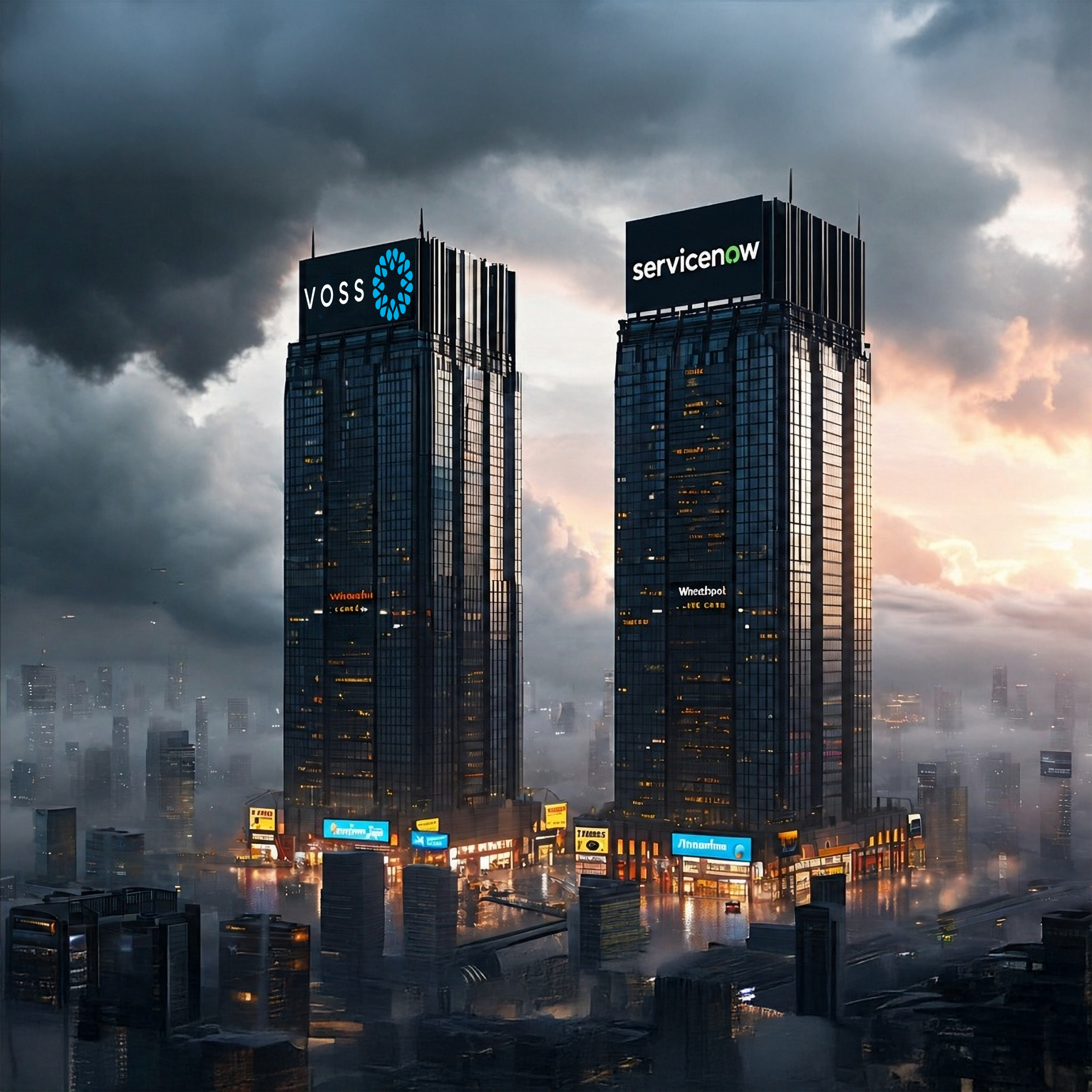 Connecting the fabric: How APAC organisations are wiring VOSS into ServiceNow - image shows two large office towers next to each other (VOSS and ServiceNow)with a cloudy background