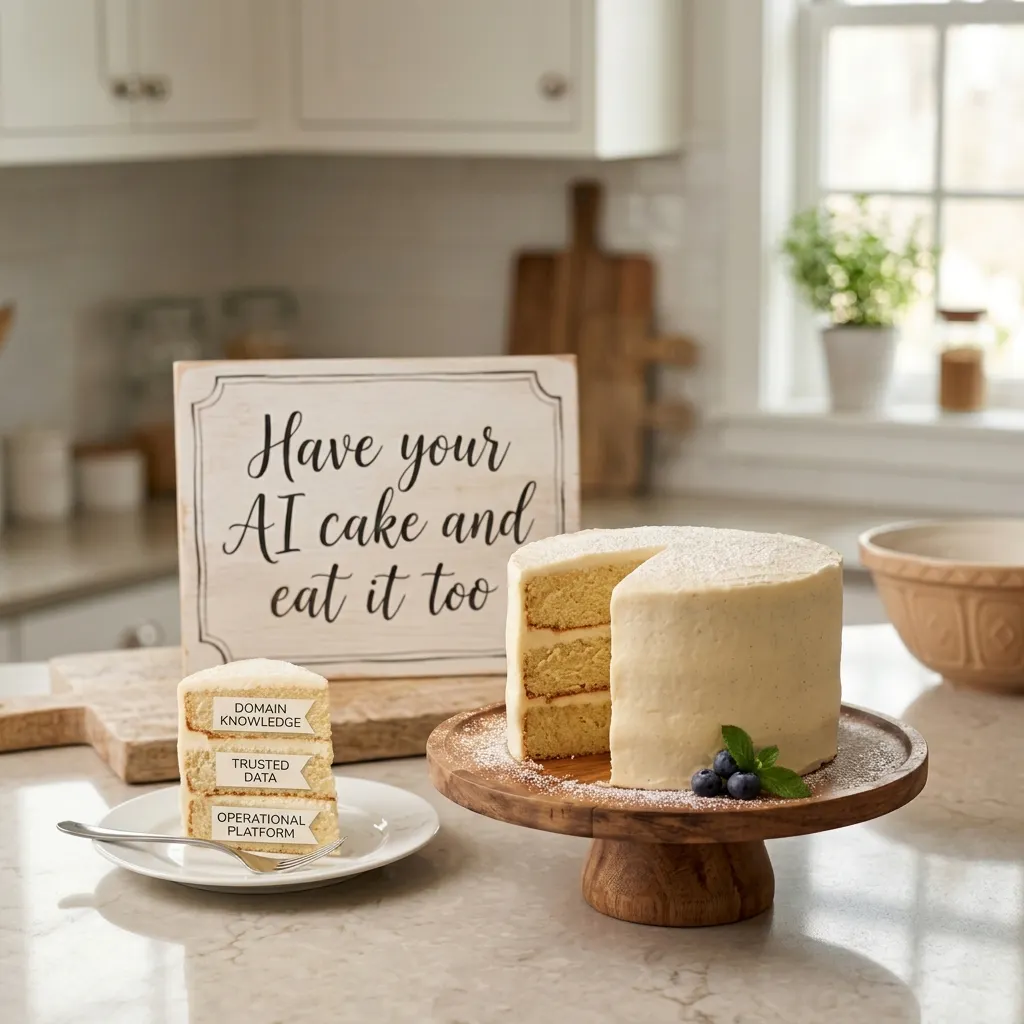 AI cake with three layers showing each later as domain knowledge, trusted data and operational platform