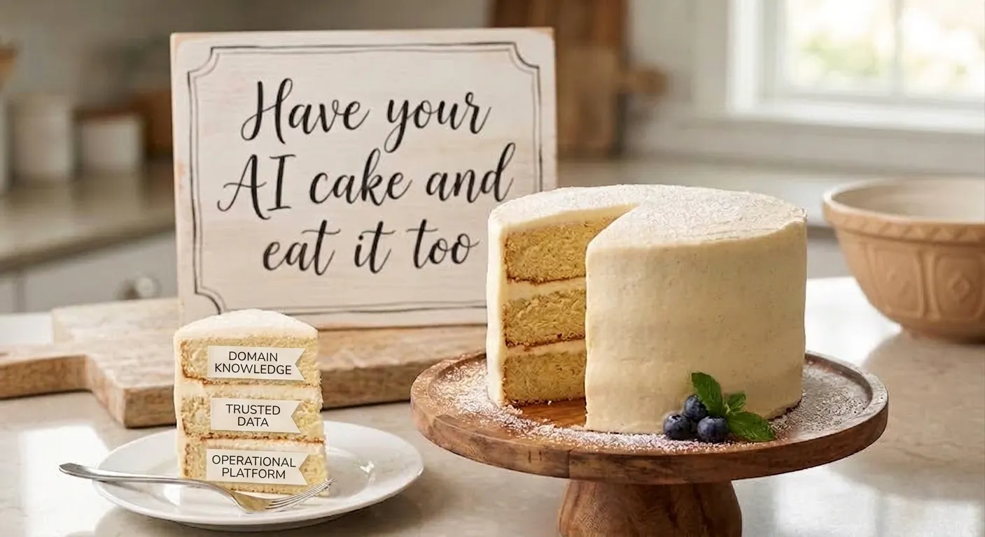 AI cake with three layers showing each later as domain knowledge, trusted data and operational platform