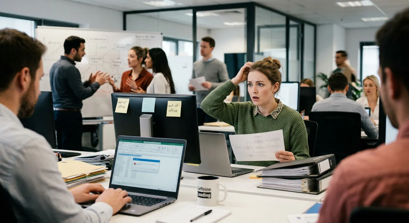 Confused employee holding a printed report and scratching her head in a busy open-plan office