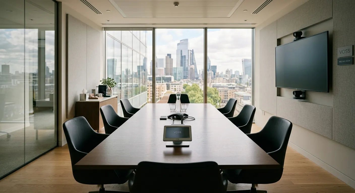 Empty boardroom with a long table, eight chairs and a VOSS meeting-room panel, city skyline behind floor-to-ceiling windows