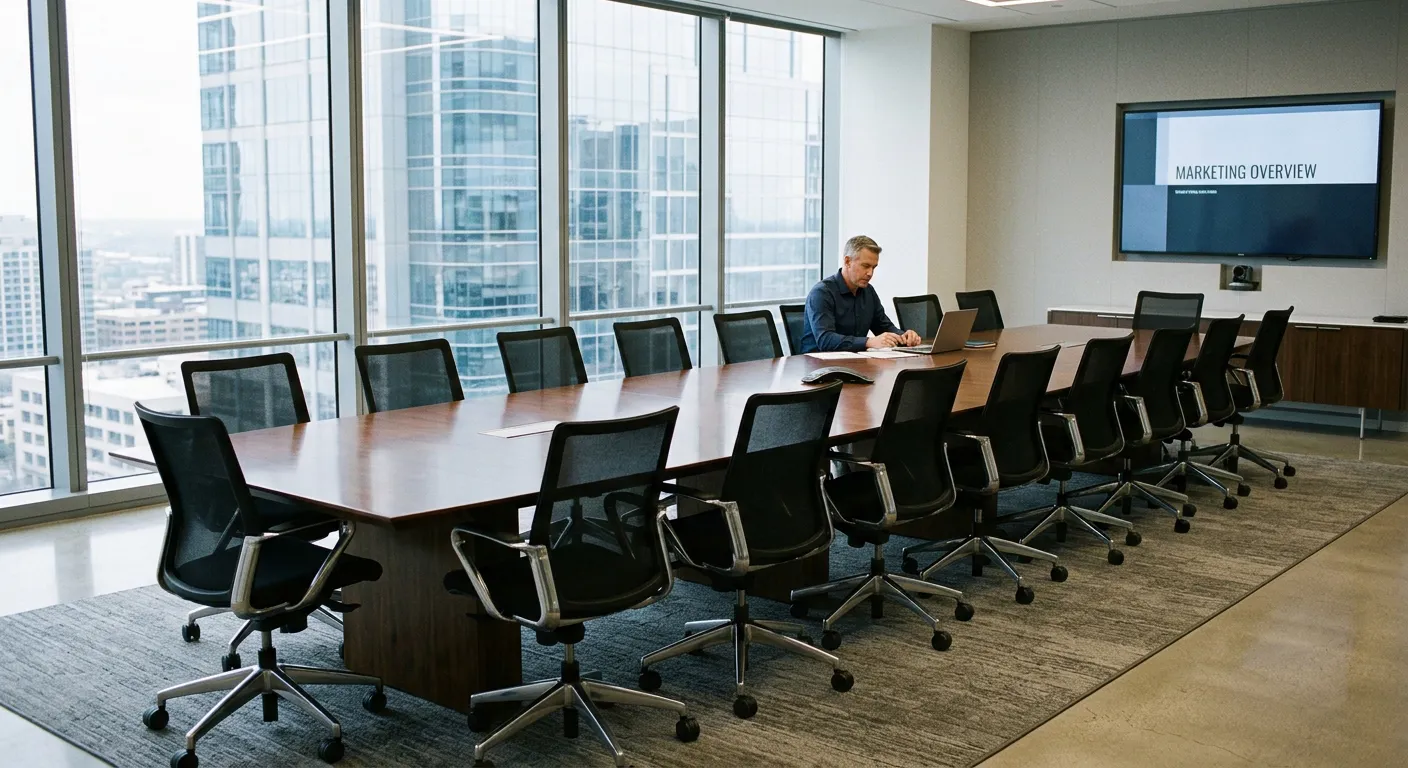 One person working alone at a laptop in a large boardroom with twenty empty chairs and a marketing overview slide on the screen