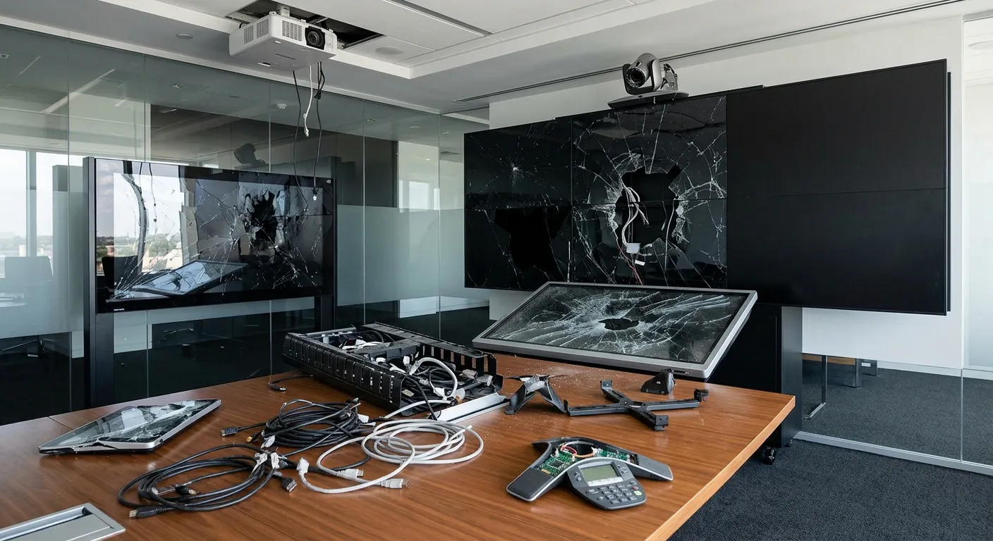 Lots of broken meeting room equipment
