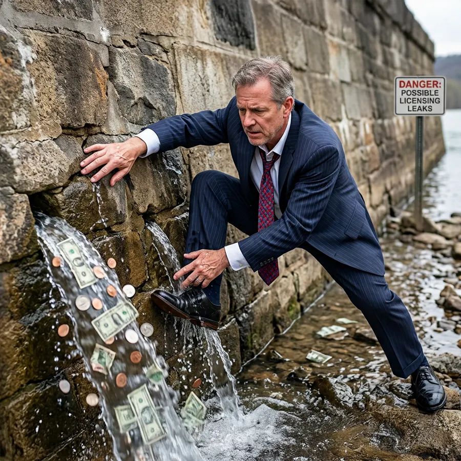 Microsoft-licensing-bleeding-money-square 5 Signs Your Microsoft Licensing Is Quietly Bleeding Money - businessman trying to stop money leaking from a hole in the wall
