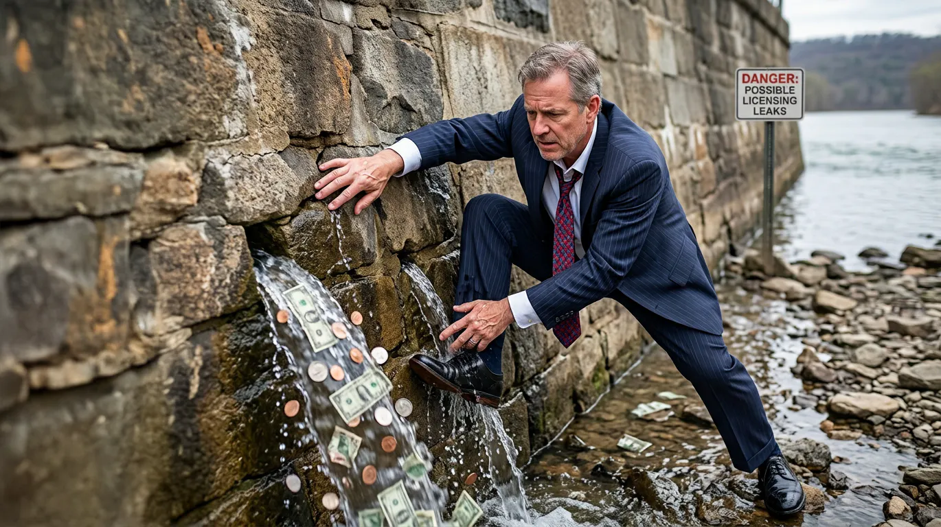 Microsoft-licensing-bleeding-money 5 Signs Your Microsoft Licensing Is Quietly Bleeding Money - businessman trying to stop money leaking from a hole in the wall